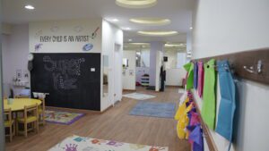 Indoor view of SuperKidz nursery in Cairo, Egypt, showing a vibrant and child-friendly space with colorful decorations, toys, and learning materials arranged for young children.